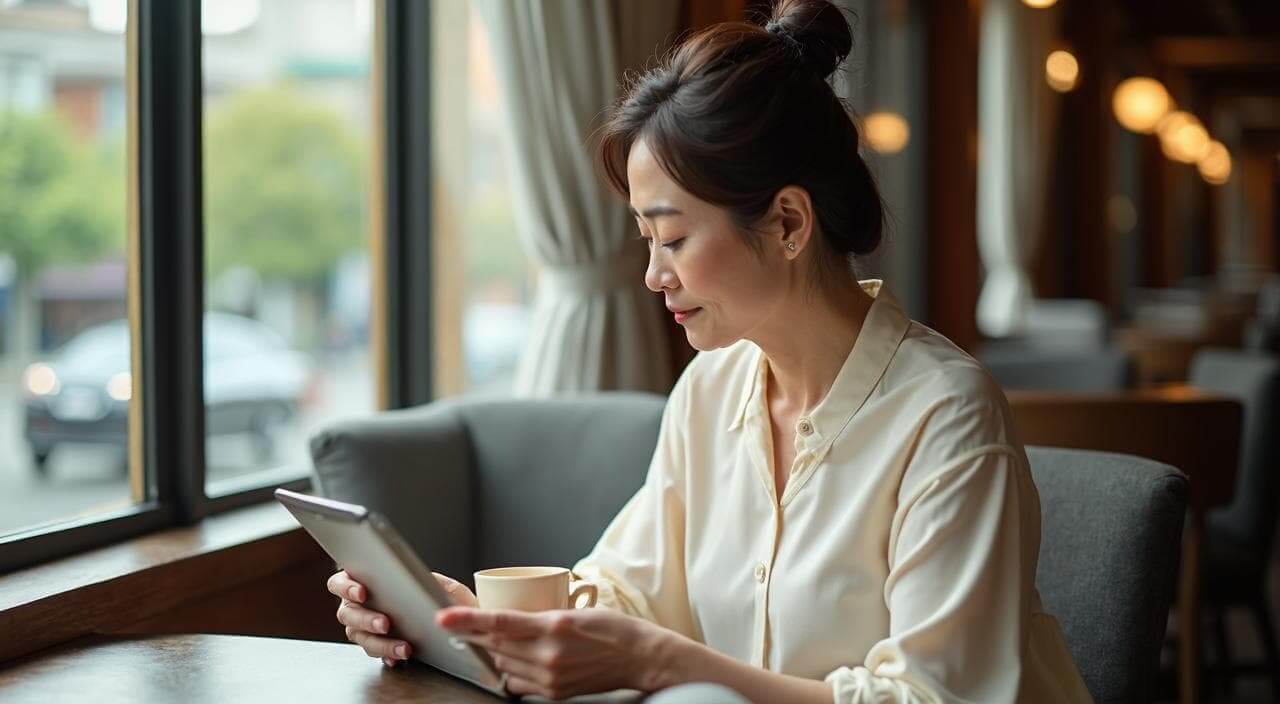 落ち着いたカフェでタブレットを見ながら、musubi青山など大人世代向けの結婚相談所を検討している日本人女性のイメージ画像