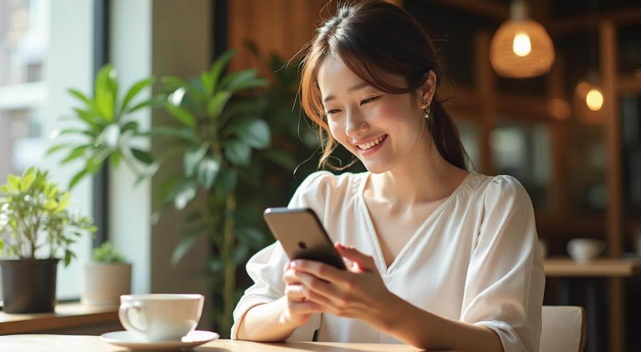 カフェでスマホを見ながら、初期費用が安く良心的な結婚相談所を見つけて安心している日本人女性のイメージ画像