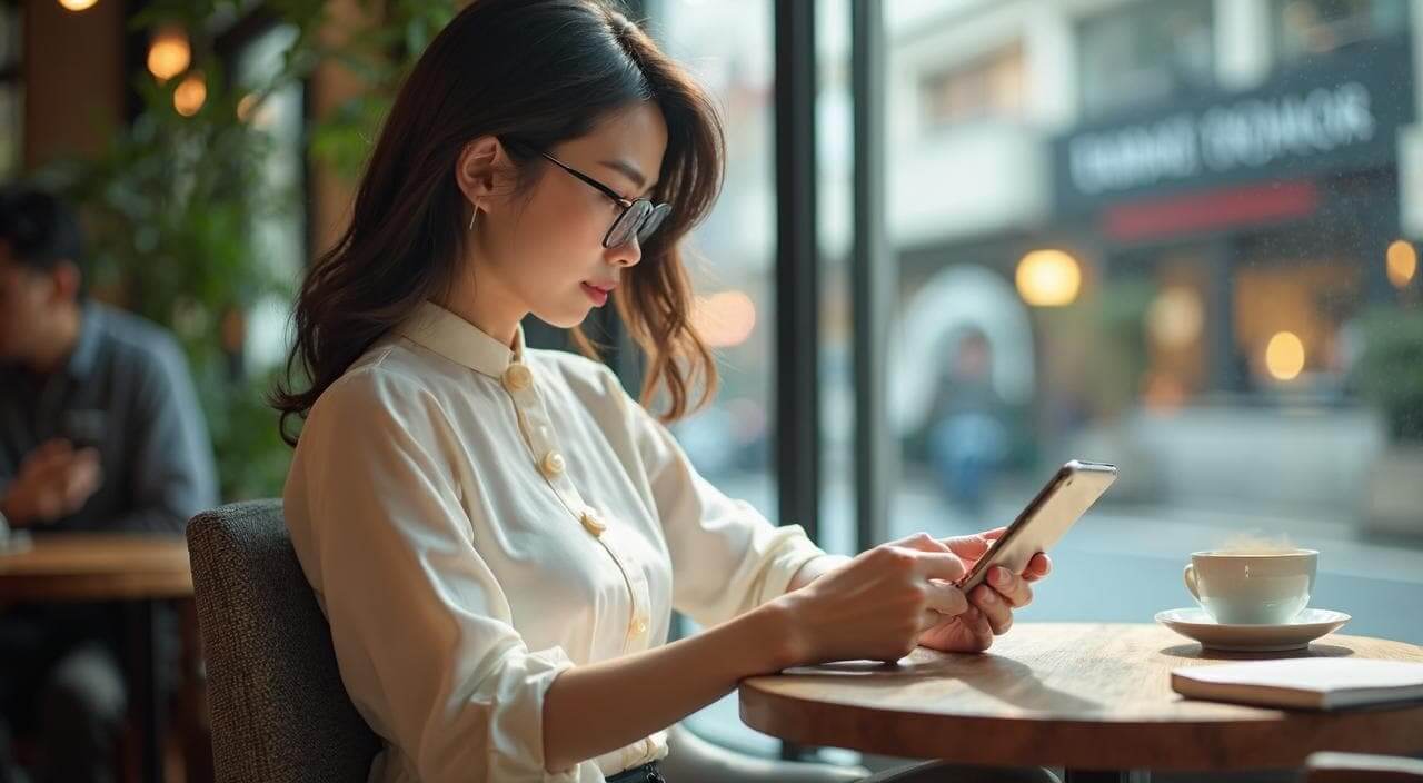 銀座のカフェでスマホを見ながらマリッジサロンエポックなどの結婚相談所の評判や料金を比較検討している日本人女性のイメージ画像