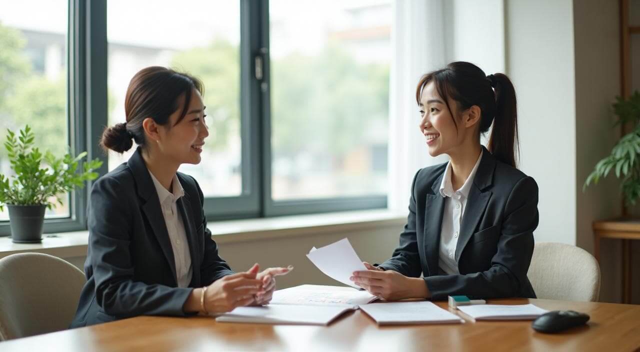 明るく清潔な相談室で、婚活アドバイザーと笑顔で無料カウンセリングを受けている日本人女性のイメージ画像