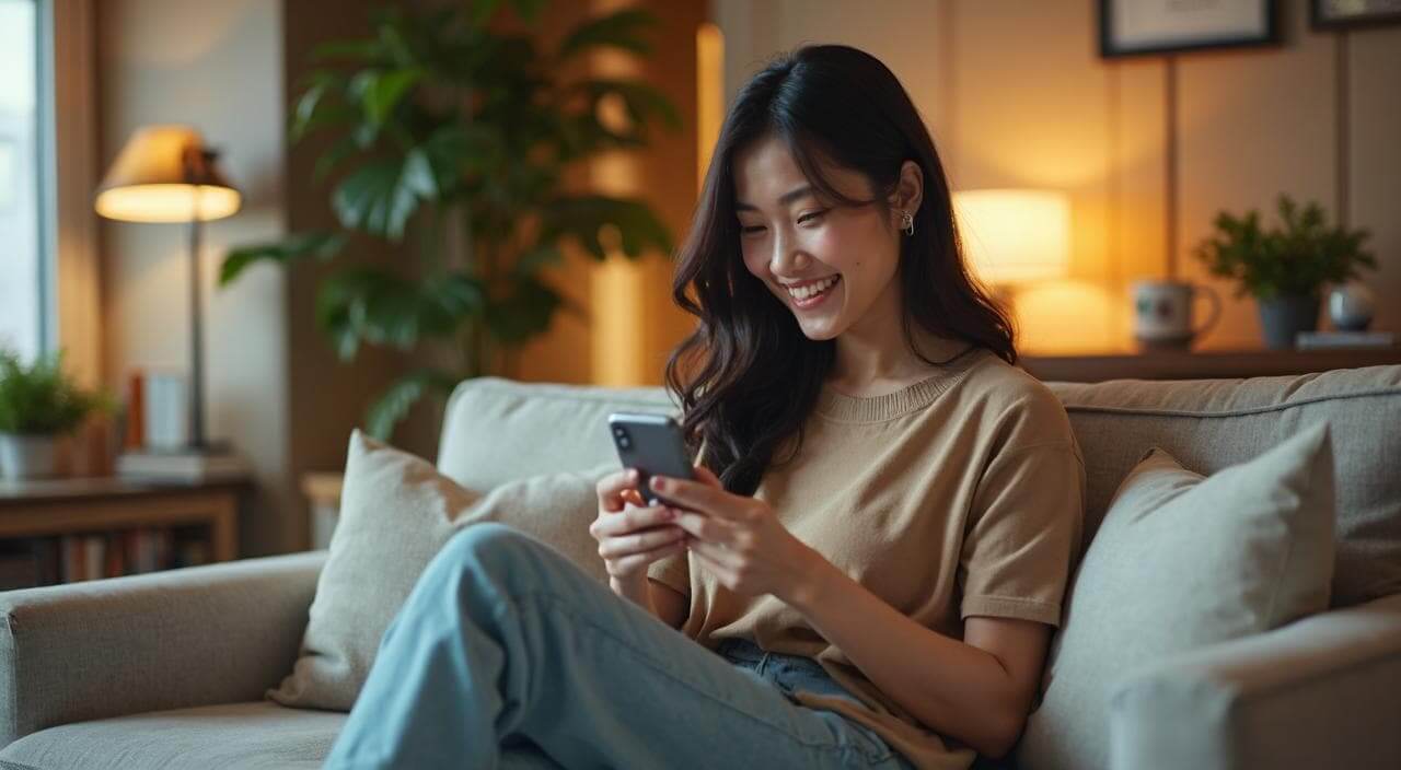 自宅のソファでタブレットを見ながら、結婚相談所の初期費用や月額費用を比較検討している日本人女性のイメージ画像