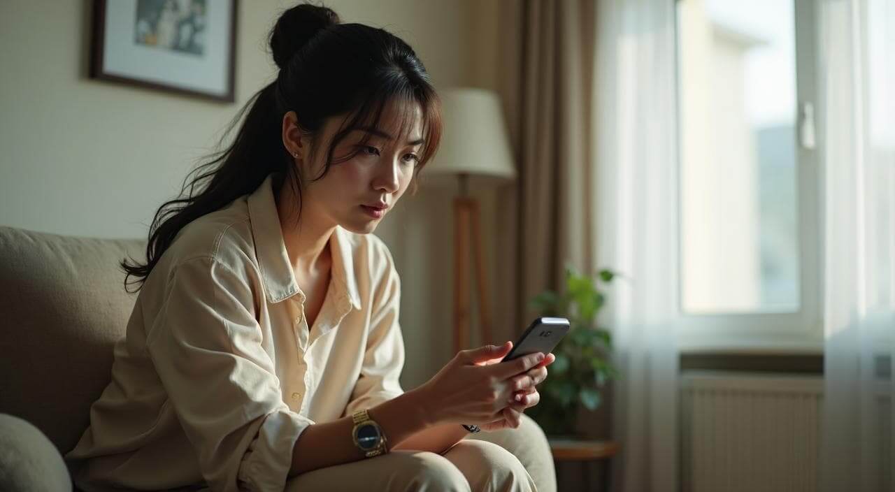 結婚相談所のサポートに不満を持ち、スマホで別の相談所への乗り換えを真剣に検討している日本人女性のイメージ画像