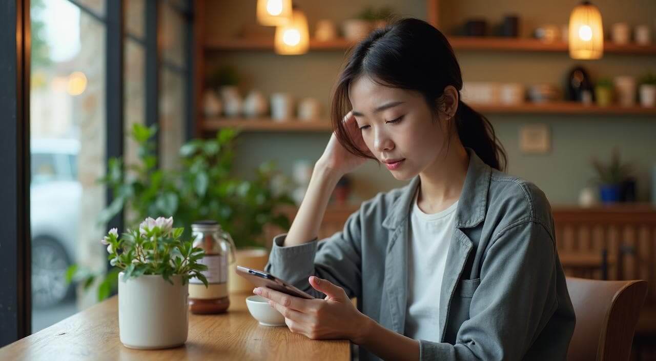 カフェでスマホを見ながら「ウェルスマはやばいのでは？」と悪い口コミや評判を気にして調べている日本人女性のイメージ画像