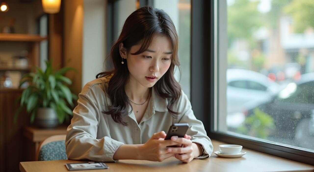 カフェでスマホを見ながら、パートナーエージェントの「やばい」という口コミや評判を気にして調べている日本人女性のイメージ画像