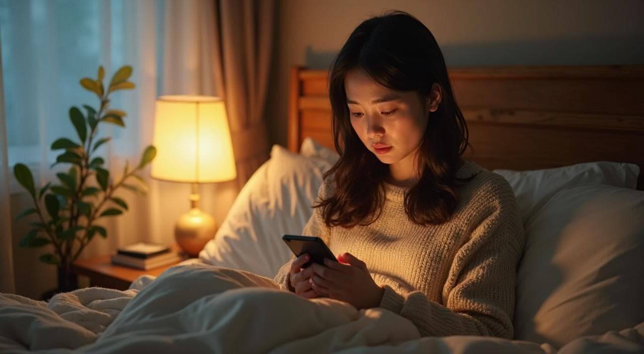 夜、ベッドの上でスマホを見ながら、オンライン結婚相談所naco-do（ナコード）の「やばい」という口コミを気にして調べている30代日本人女性のイメージ画像