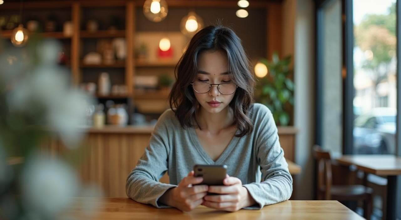 カフェでスマホを見ながら、婚活アプリ「ブライダルネット」のやばいという口コミや評判を気にして調べている30代日本人女性のイメージ画像