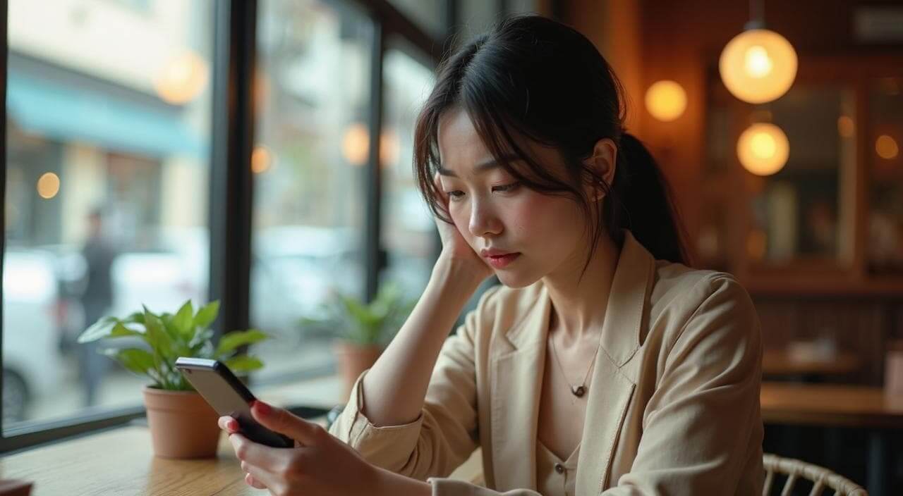 カフェでスマホを見ながら、アプリでの遊びの関係を終わらせて本気の婚活を始めるか悩んでいる20代日本人女性のイメージ画像