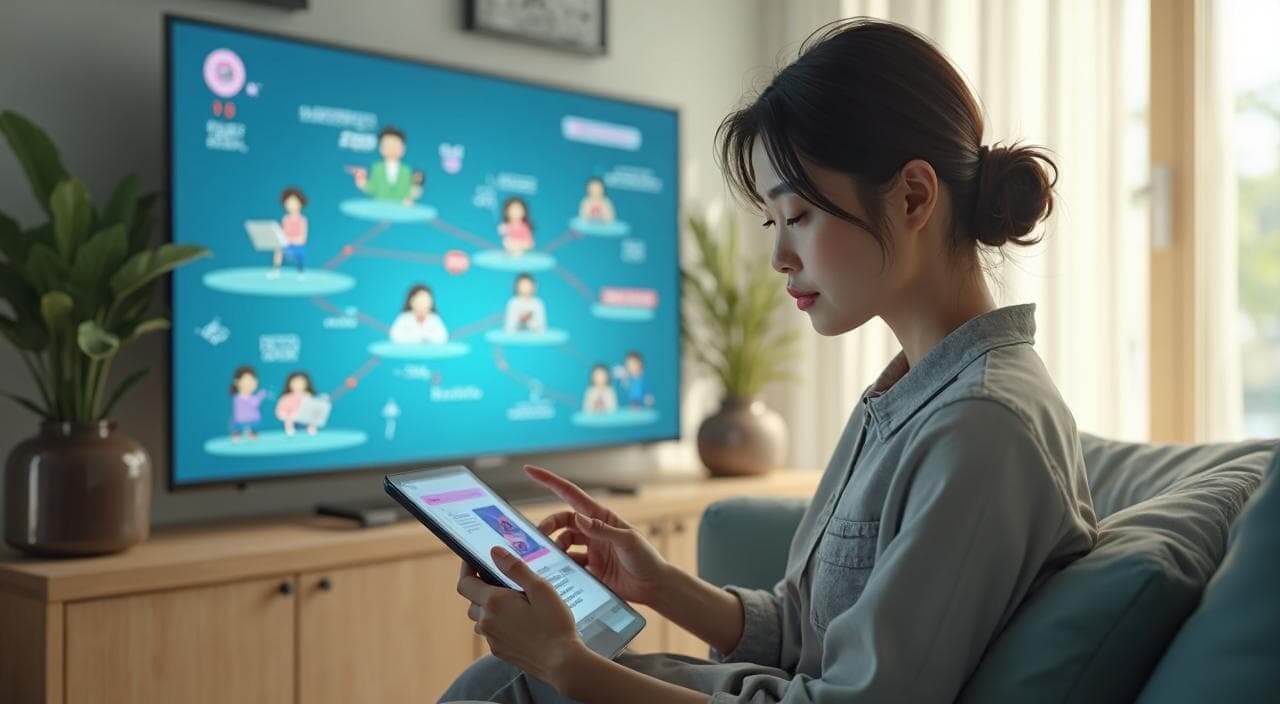 タブレットで結婚相談所の連盟の仕組みを調べ、新しい出会いの可能性(複数連盟の利用)に希望を持つ30代日本人女性のイメージ画像