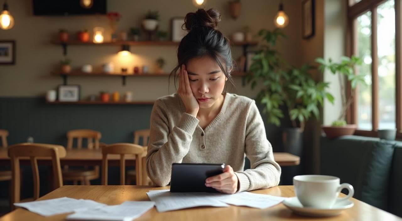 カフェで電卓を叩きながら結婚相談所の高いお見合い料に頭を抱え、ため息をつく30代日本人女性のイメージ画像