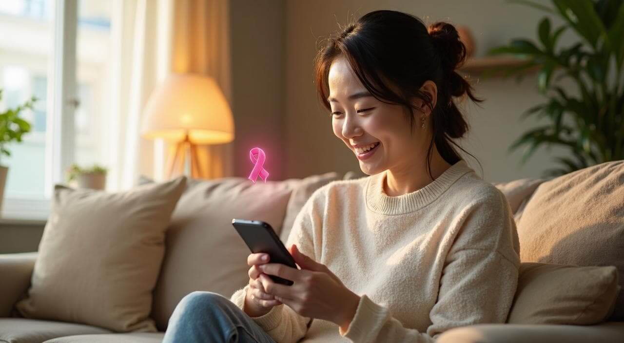 スマホでマリッシュのピンクリボンマークを見て、安心して再婚活を進めるシングルマザーのイメージ画像